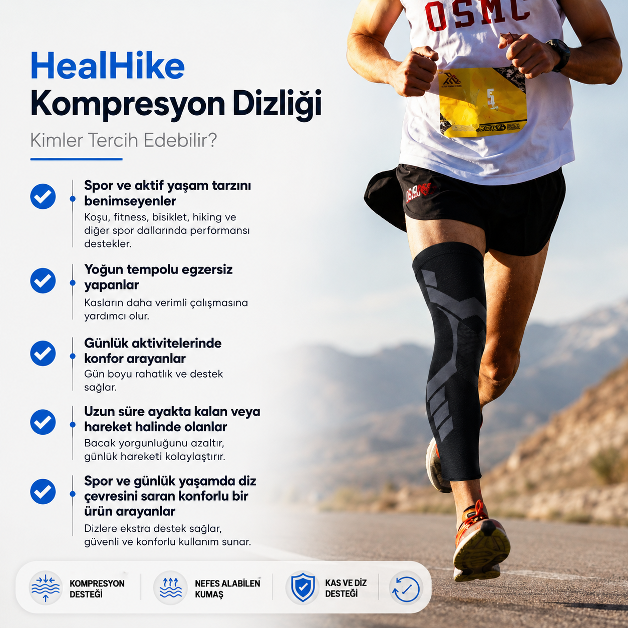 HealHike Profesyonel Dizler ve Bacaklar için Yazlık Kompresyon Desteği