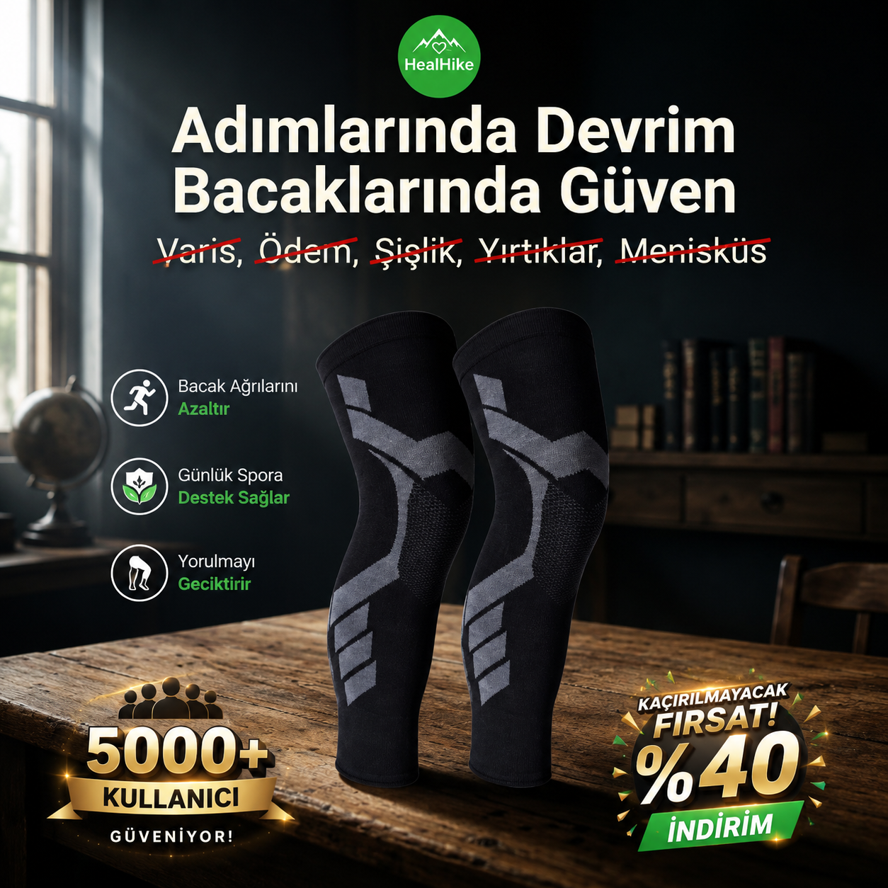 HealHike Profesyonel Dizler ve Bacaklar için Yazlık Kompresyon Desteği